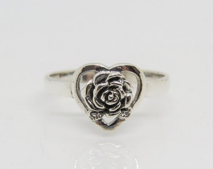 Vintage Sterling Silver Heart Rose Ring Size 7