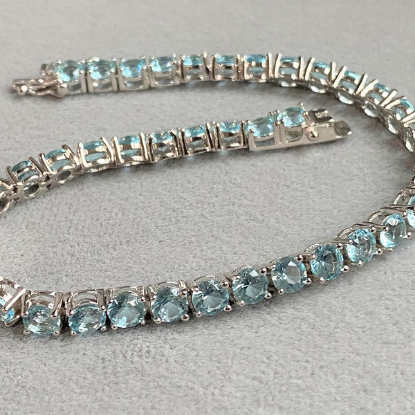 Vintage Sterling Silver Round cut Aquamarine Link Bracelet 8''