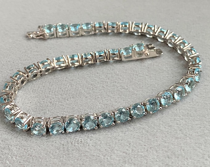 Vintage Sterling Silver Round cut Aquamarine Link Bracelet 8''