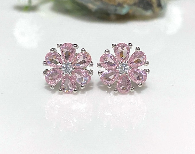 Vintage Sterling Silver Pink Sapphire & White Topaz Flower Earrings.