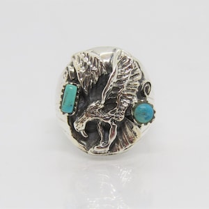 Vintage Sterling Silver Eagle Natural Turquoise Men's Ring Size 9.5