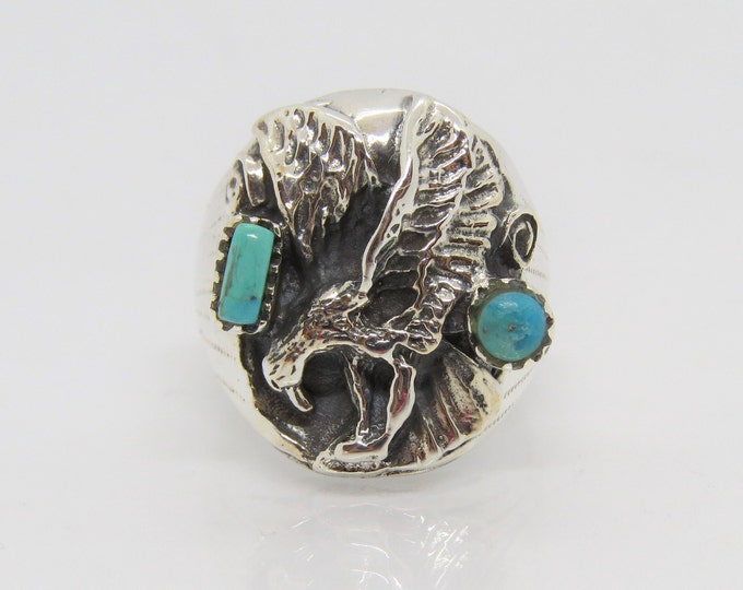 Vintage Sterling Silver Eagle Natural Turquoise Men's Ring Size 9.5