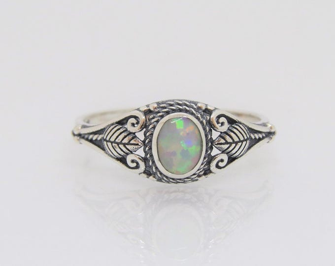 Vintage Bali Sterling Silver White Opal Leaf Ring Size 8