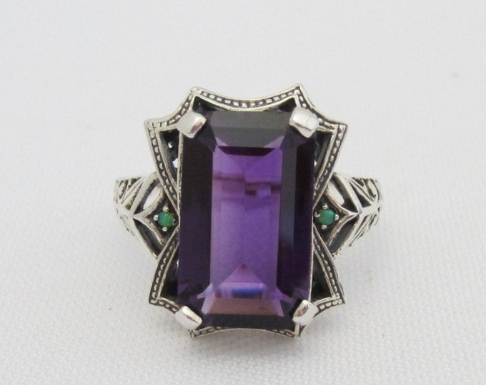 Vintage Sterling Silver Amethyst & Green Opal Filigree Ring Size 8