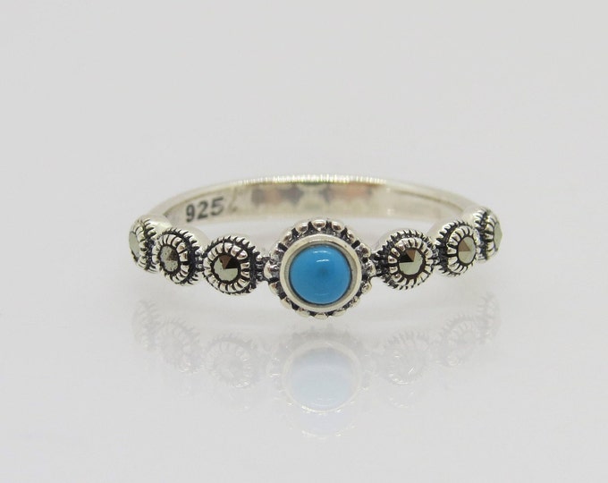 Vintage Sterling Silver Turquoise & Marcasite Tiny Band Ring Size 6
