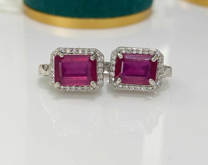Vintage Sterling Silver 3.48cts Natural Emerald cut Ruby & White Topaz Earrings.