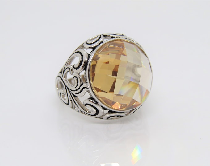Vintage Modernist Sterling Silver Faceted Citrine Dome Ring Size 9