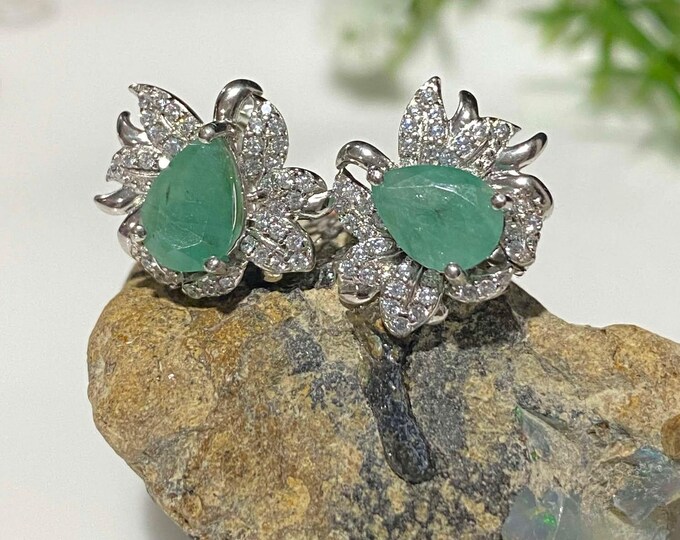 Vintage Sterling Silver Natural Emerald & White Topaz Earrings