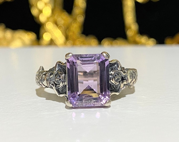 Sterling Silver Emerald cut Amethyst Ring Size 9