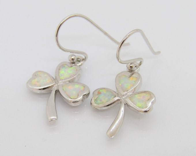 Vintage Sterling Silver Inlay White Opal Clover Leaf Dangle Earrings