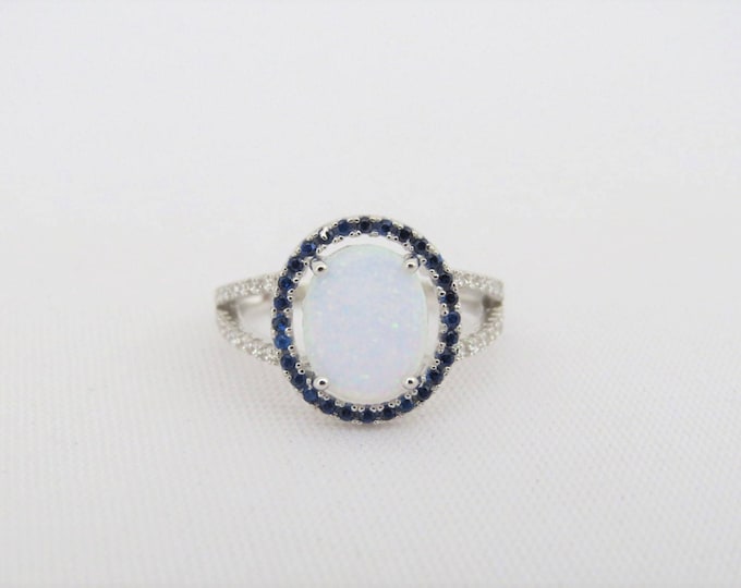 Vintage Sterling Silver White Opal, Blue Sapphire & White Topaz Halo Ring Size 7