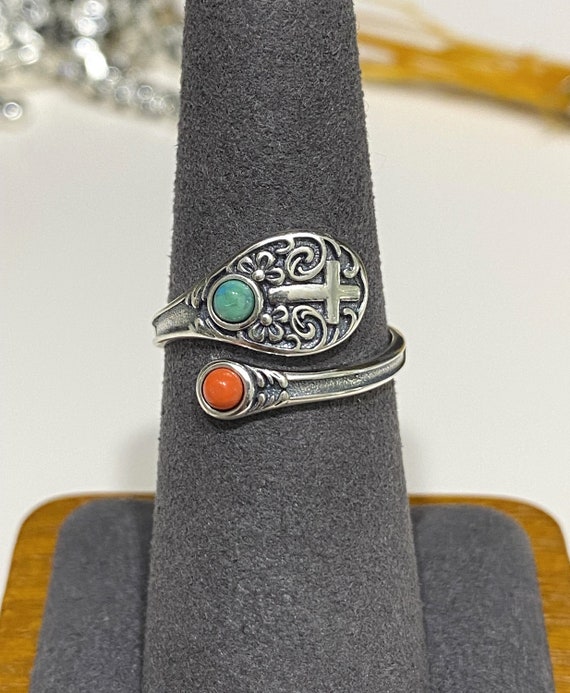 Vintage Sterling Silver Turquoise, Red Coral Cros… - image 3