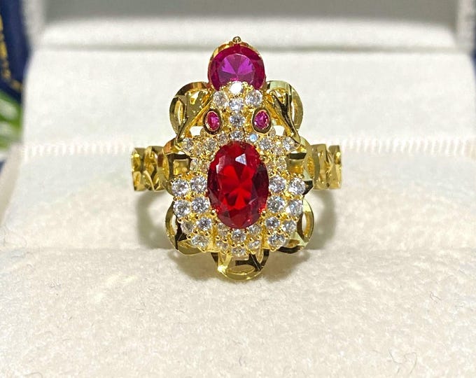 Vintage 15K 610 Solid Yellow Gold Ruby & White Topaz Frog Ring Size 7