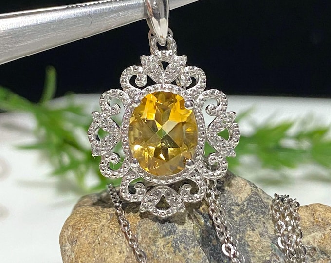 Vintage Sterling Silver Natural Citrine & White Topaz Filigree Pendant Necklace Chain 17''