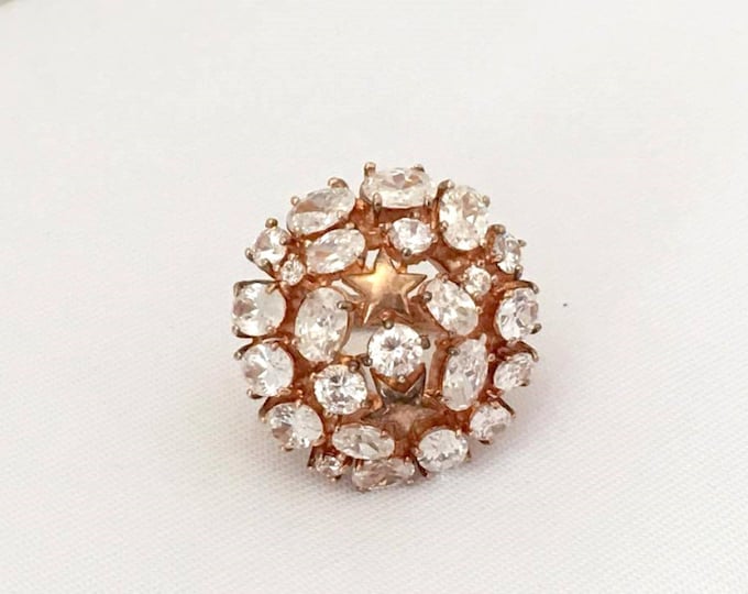 Vintage Sterling Silver Rose Gold White Topaz High Dome Ring Size 6