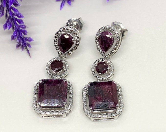 Vintage Sterling Silver Ruby Dangle Drop Earrings.