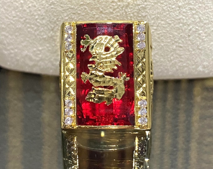 Vintage 15K Yellow Gold Ruby & White Topaz Dragon Men's Ring Size 9