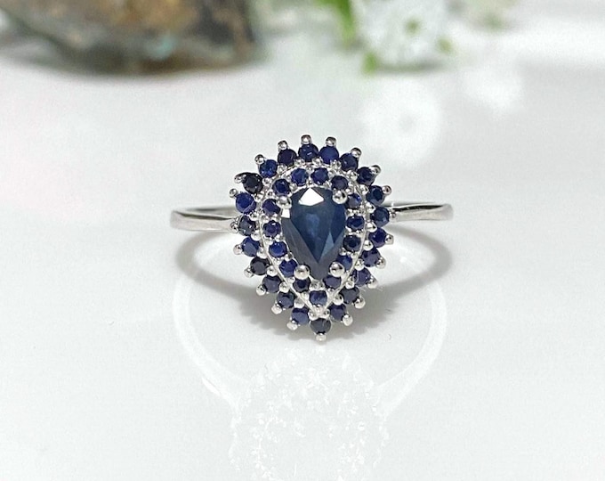 Vintage Sterling Silver Natural Dark Blue Sapphire Ring Size 8