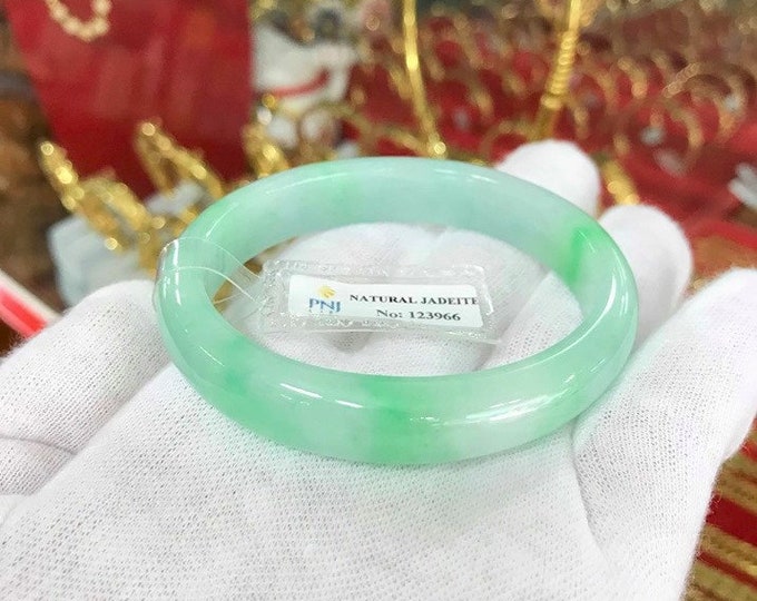 Vintage Translucent Natural Green, White Jadeite Jade Bangle Bracelet 56.6MM