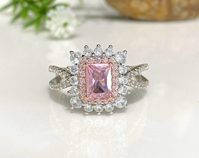 Vintage Sterling Silver Pink Sapphire & White Topaz Ring Size 8