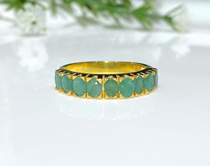 Vintage 14K Gold Plate Sterling Silver Natural Oval Emerald Band Ring Size 8