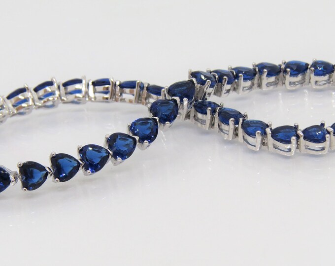 Sterling Silver Heart cut Blue Sapphire Link Bracelet 8''