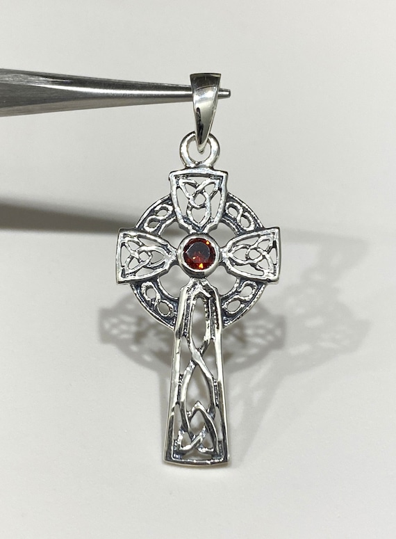 Vintage Celtic Sterling Silver Garnet Cross Pendan