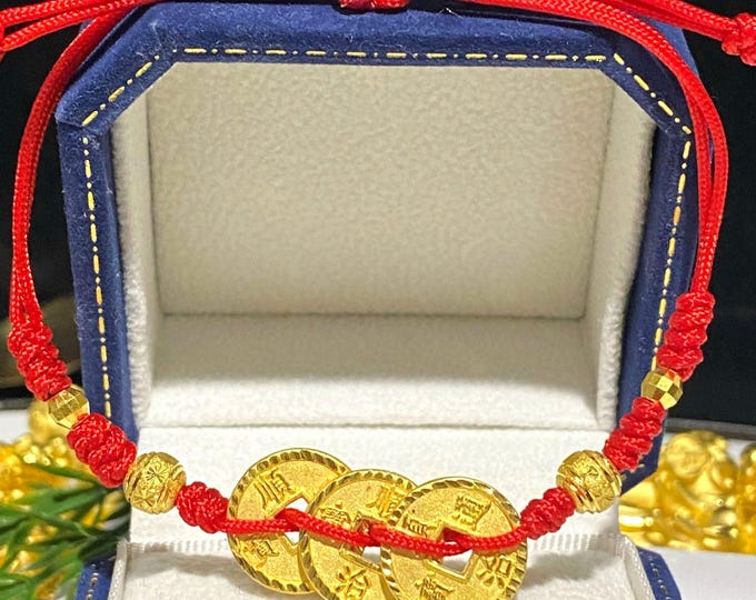 Vintage 24K 999 Gold Money Coins, Balls with Red Weave Adjustable Bracelet 5'' to 8''