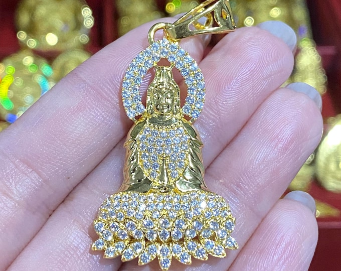 Vintage 15K 610 Solid Gold White Topaz Kwan Yin Buddha Pendant. Mat Phat Ba Quan Am.