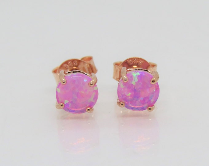 14K Rose Gold Plate on Sterling Silver 925 Pink Opal Stud Earrings.