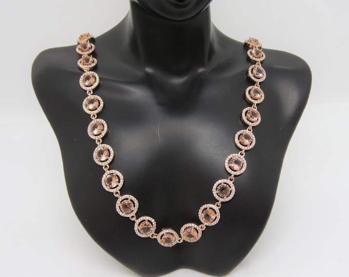 Vintage Rose Gold Plated Sterling Silver Round Morganite & White Topaz Link Chain Necklace  17 1/2''