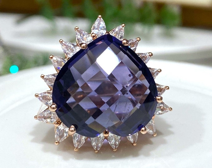 Vintage Sterling Silver Rose Gold Plate Heart Cut 28ctw Tanzanite & White Topaz Ring Size 6