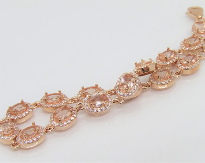 Vintage Rose Gold Plated Sterling Silver Oval Morganite & White Topaz Link Bracelet 7 1/2''
