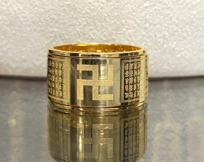 Vintage 15k 610 Yellow Gold Buddha Chinese Letter Wide Band Ring Size 9.5