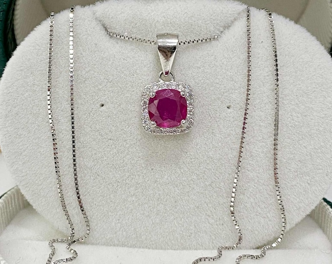 Vintage Sterling Silver Natural Cushion cut Ruby & White Topaz Pendant Chain 18''