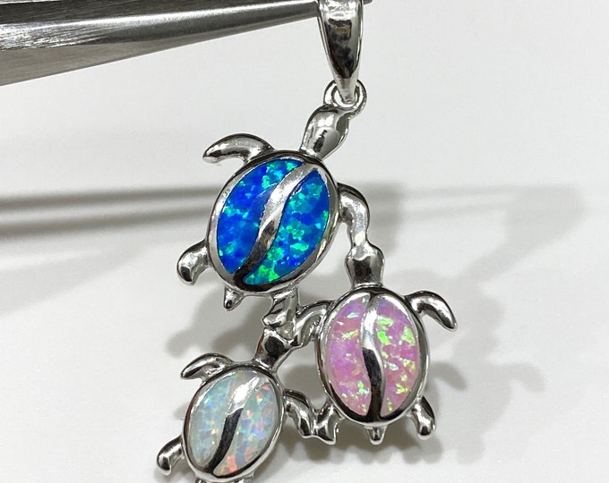 Vintage Sterling Silver White, Pink & Blue Opal Turtles Pendant.