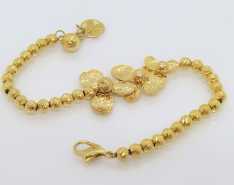 Pulsera de cadena de eslabones de bolas de flores con corte de diamante de oro amarillo macizo de 18 quilates vintage de 7 ''
