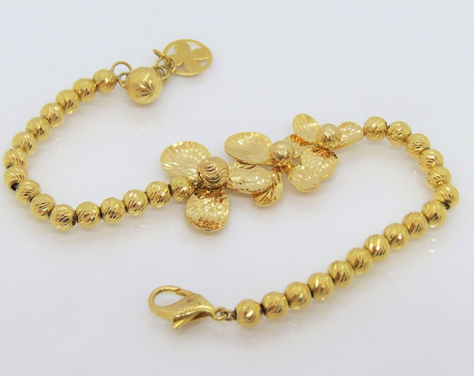 Vintage 18K Solid Yellow Gold Diamond cut Flower Balls Link Chain Bracelet 7''