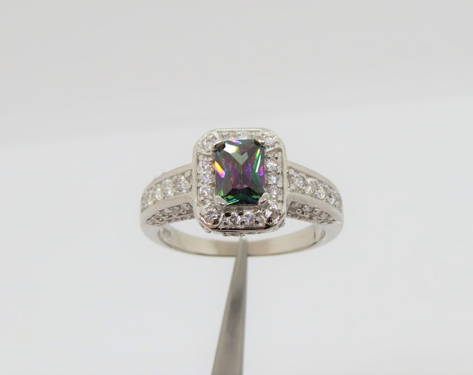 Vintage Sterling Silver Rainbow Topaz & White Topaz Engagement Ring Size 7