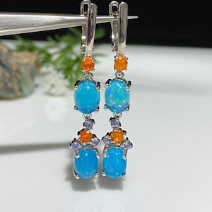 Vintage Sterling Silver Natural Blue, Orange Fire Opal Dangle Earrings.