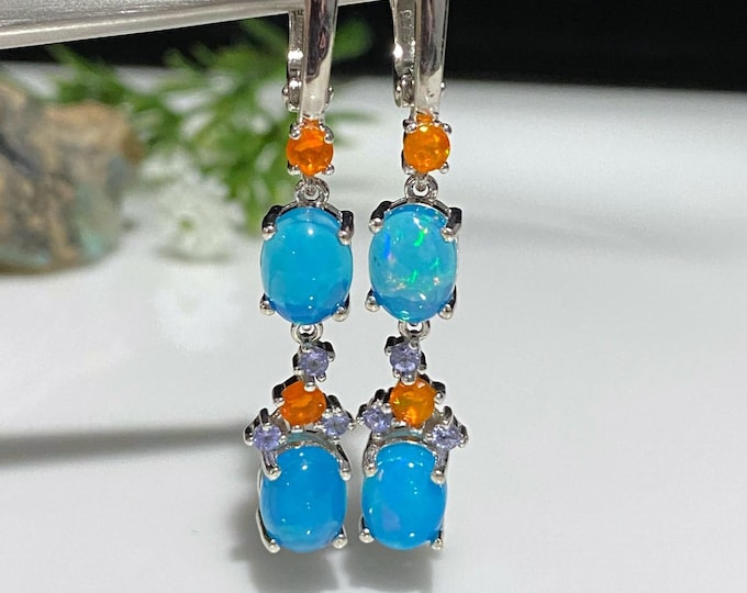 Vintage Sterling Silver Natural Blue, Orange Fire Opal Dangle Earrings.