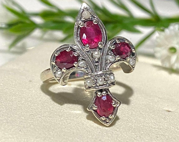 Vintage Sterling Silver Genuine Ruby & Seed Pearl Fleur De Lis Ring Size 7