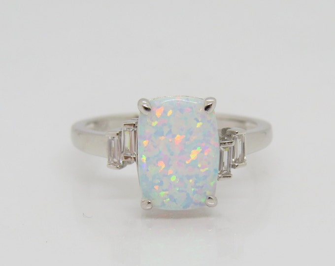 Vintage Sterling Silver White Opal & White Topaz Ring Size 8