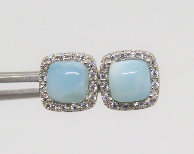 Vintage Sterling Silver Natural Larimar & White Topaz Earrings