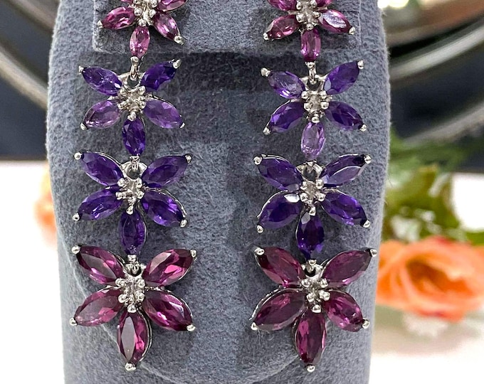 Vintage Sterling Silver Natural Amethyst & Rhodolite Flowers Dangle Earrings.