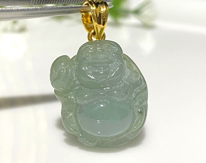 Vintage 18K Solid Yellow Gold Green Jadeite Jade Laughing Buddha Happy Buddha Pendant