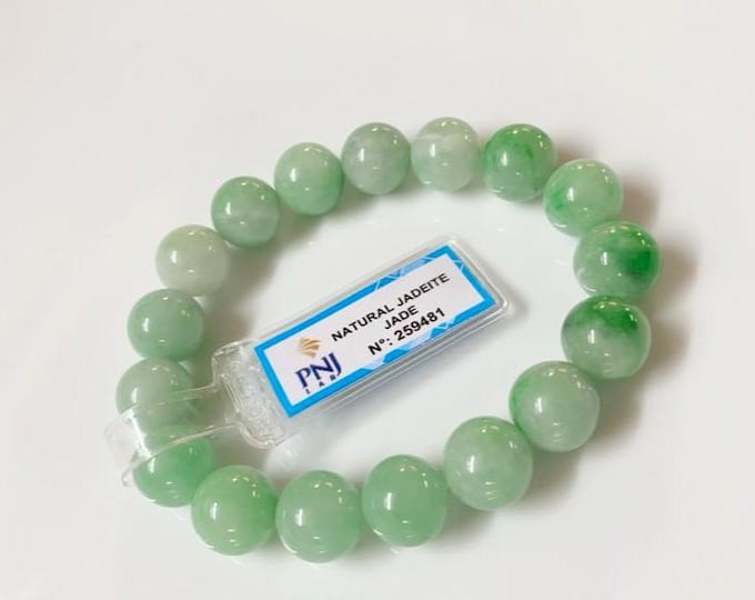 Vintage Translucent Natural Green, White Jadeite Jade Beads Bracelet 11MM
