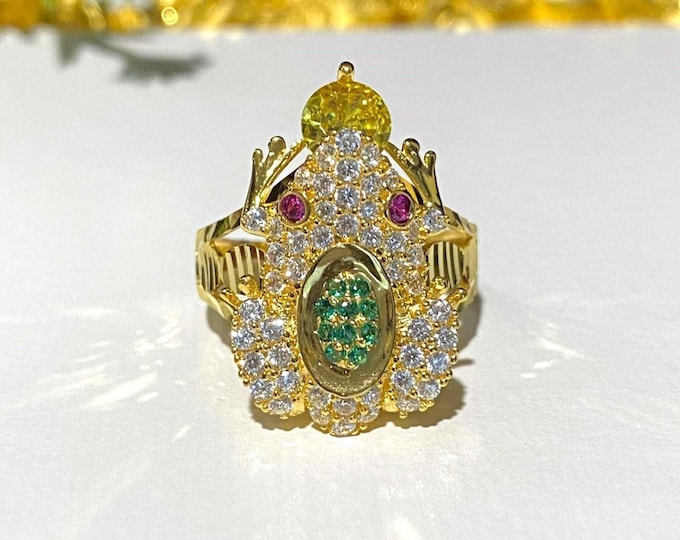 Vintage 15K 610 Solid Yellow Gold Citrine, Emerald, Ruby & White Topaz Frog Ring Size 6.5