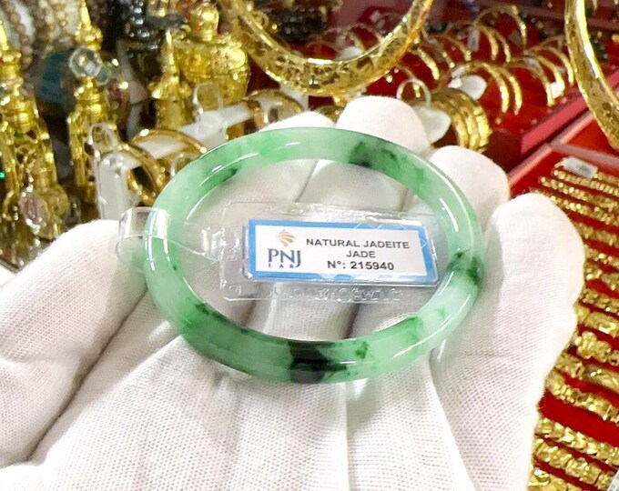 Vintage Translucent Natural Green, White & Black Jadeite Jade Bangle Bracelet 51.2MM