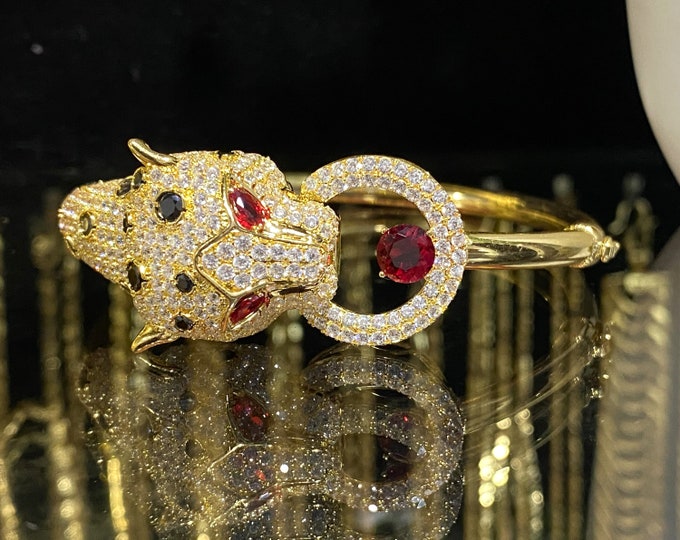 Vintage 15K 610 Solid Yellow Gold White, Black Sapphire Ruby Eye's Leopard Panther Bangle Bracelet 57MM